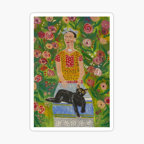 Aperçu de l'œuvre Frida Kahlo et son chat noir parmi les montées créée et vendue par Casimirasart.