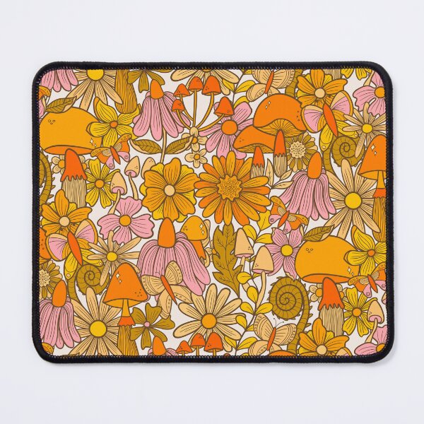 Item preview, Yellow orange seventies inspired Summery floral butterflies ferns toadstools leaves designed and sold by Kimmygowland.