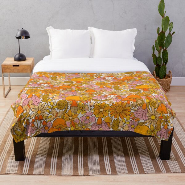 Item preview, Yellow orange seventies inspired Summery floral butterflies ferns toadstools leaves designed and sold by Kimmygowland.