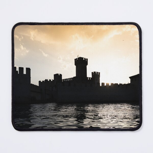 Item preview, Italy - Sirmone castle silhouette on the Garda lake at sunset. Medieval architecture with tower. designed and sold by Paolo Modena Photography    -   Fine Italian Art.