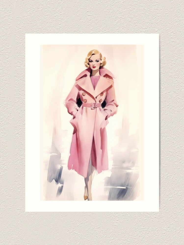 Retro 1930s Fashion Model Art, Stylish Pink Lady