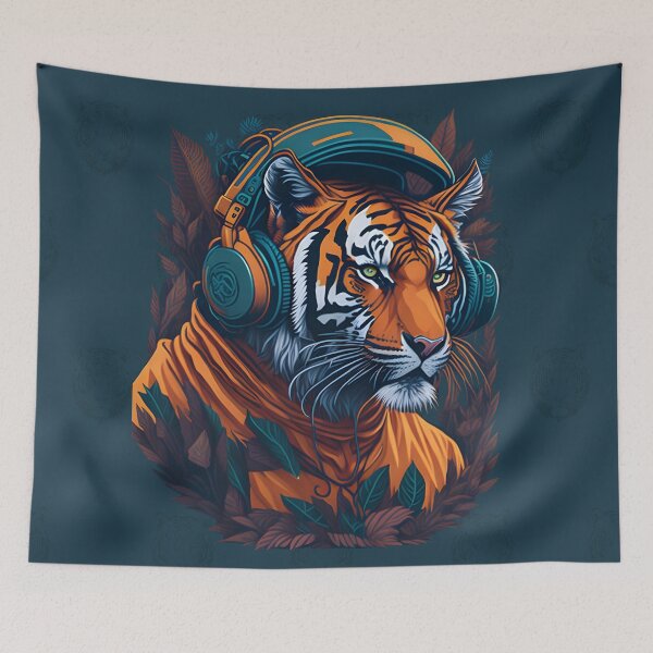 Item preview, Explosion of color and rhythm: Tigre immersed in music, with headphones and vibrant tones that arouse listening passion designed and sold by The Animal Stuff.