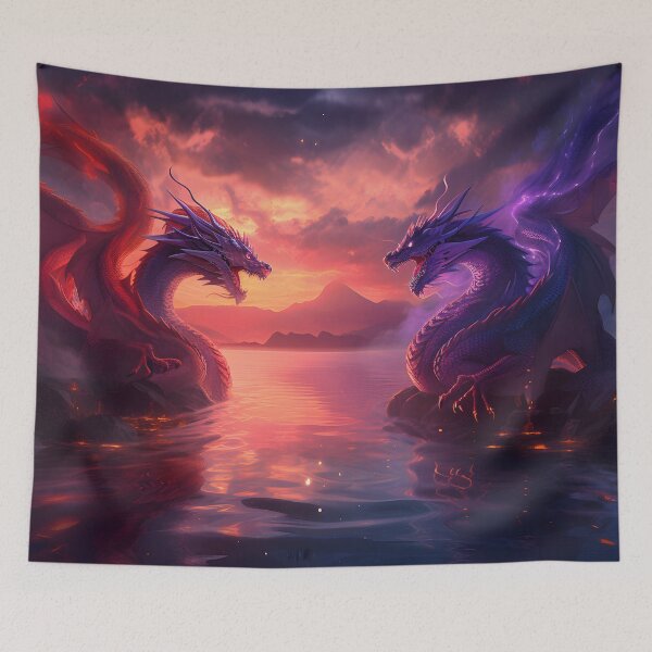 Item preview, Majestic Dragons: Fiery Red and Enchanting Purple in a Scenic Sunset designed and sold by Nange and Gabe.
