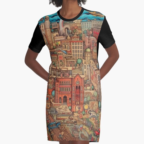 Urban Folk Art Cityscape  Graphic T-Shirt Dress
