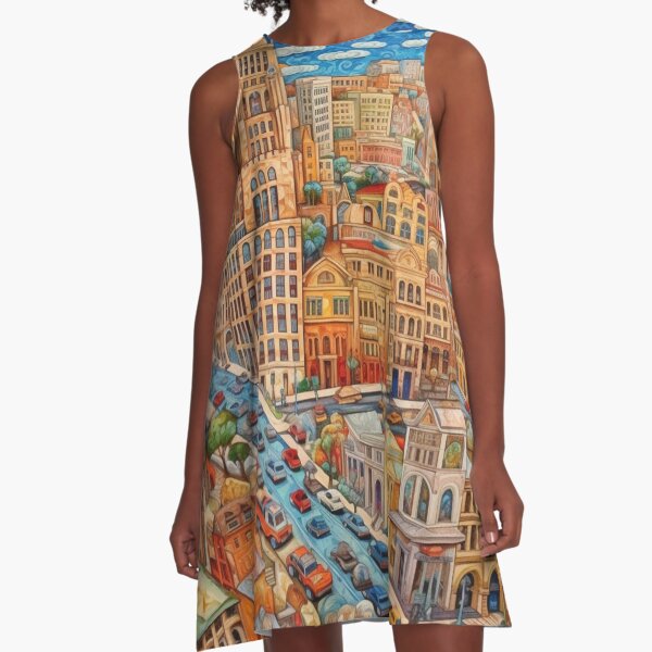Road Through Urban Folk Art Cityscape A-Line Dress