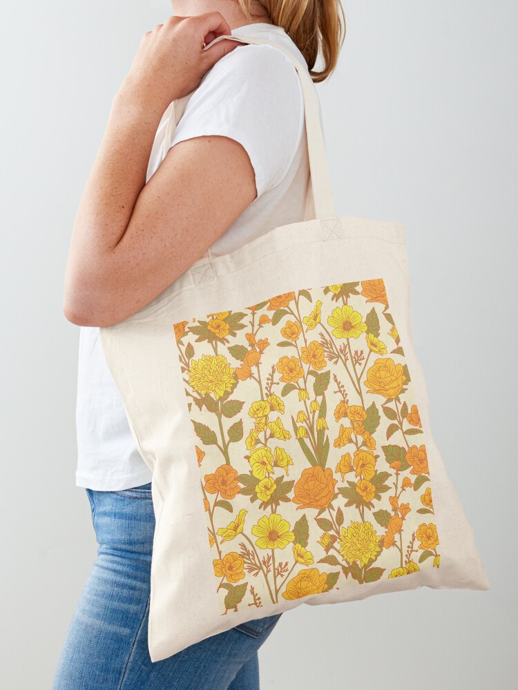 Flower Illustration Canvas Tote Bag (Yellow / Blue / Olive