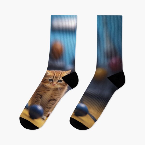 Item preview, Cute little ginger kitten playing with toy balls on wooden floor. designed and sold by aiphotosart.