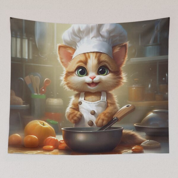 Item preview, Cute ginger cat in chef hat and apron cooking in the kitchen. designed and sold by aiphotosart.