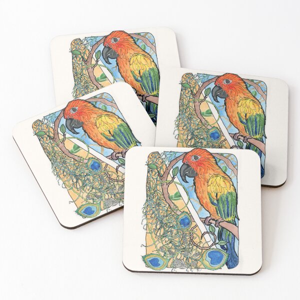 Item preview, Sun Conure with Feathers and Sunflower Seeds Watercolor Print designed and sold by Crystal Odenkirk.
