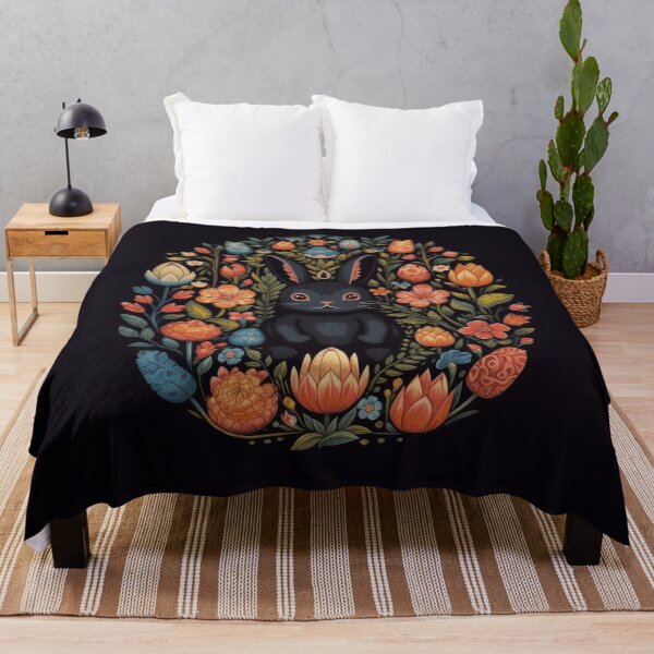 Item preview, Mysterious Cartoon Bunny in Floral Pattern - Joyful Celebration of Nature in Dark Black designed and sold by CosmicScare10.