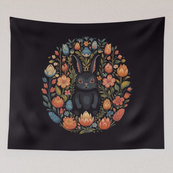 Item preview, Mysterious Cartoon Bunny in Floral Pattern - Joyful Celebration of Nature in Dark Black designed and sold by CosmicScare10.