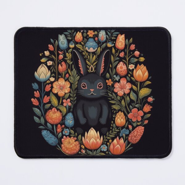 Item preview, Mysterious Cartoon Bunny in Floral Pattern - Joyful Celebration of Nature in Dark Black designed and sold by CosmicScare10.