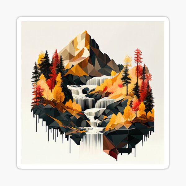 Geometric Mountain Forest Waterfall Sticker