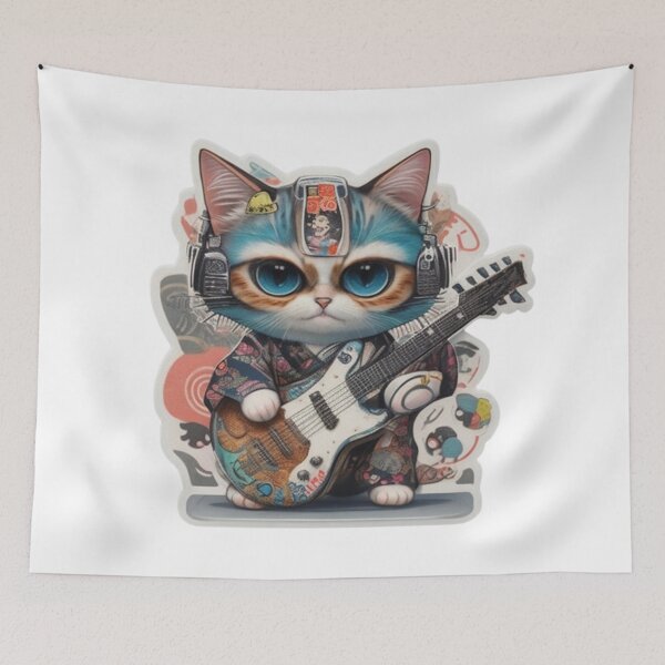 Item preview, Adorable kimono-clad cat guitarist rocking the stage sticker and more. designed and sold by mefirefire.