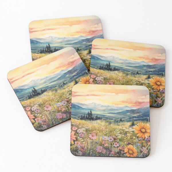 Item preview, Mountainside Valley and Wildflowers at Sunset painting designed and sold by EmmaFinchDesign.