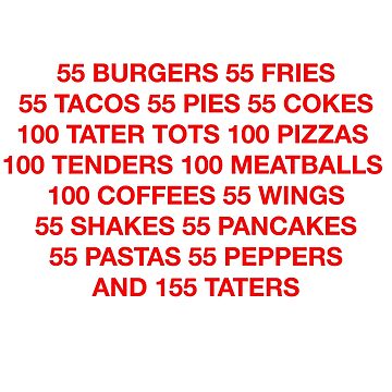 "55 Burgers, 55 Fries, 55 Tacos, 55 Pies" Sticker for Sale by mustacheese | Redbubble