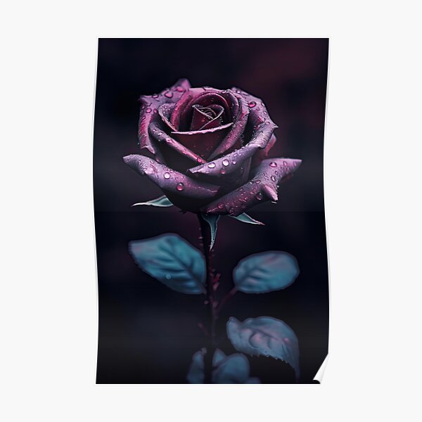 Digital red rose with water drops, AI generated Poster