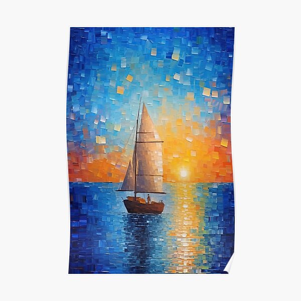 Beautiful oil painting, coastal landscape with sailing boat, AI generated Poster