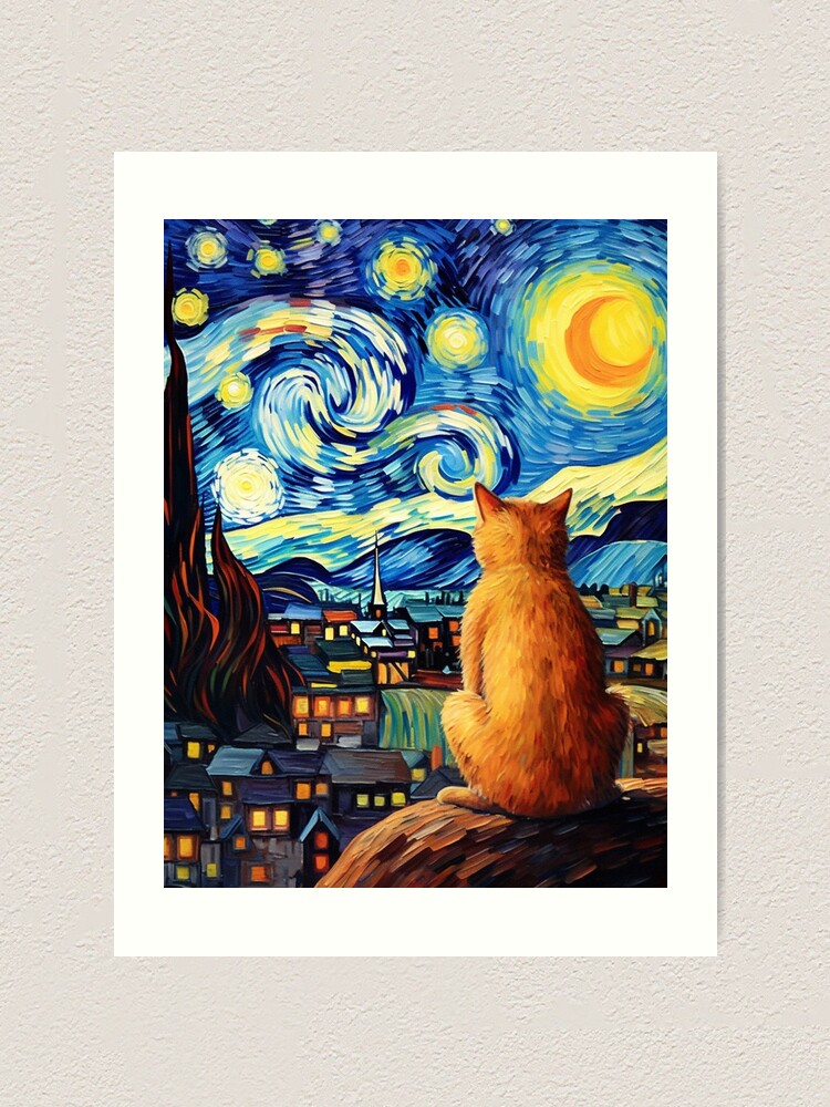 Best Friends Cute Dog and Cat Starry Night Art Print Picture by