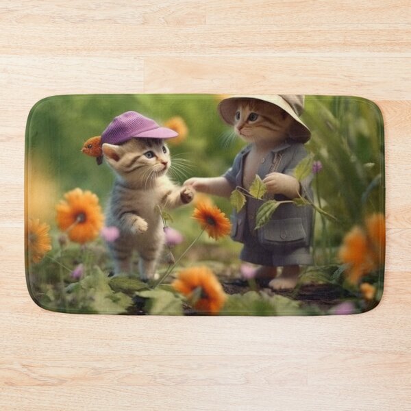 Item preview, Little girl and kitten playing in the garden with flowers. Selective focus. designed and sold by aiphotosart.