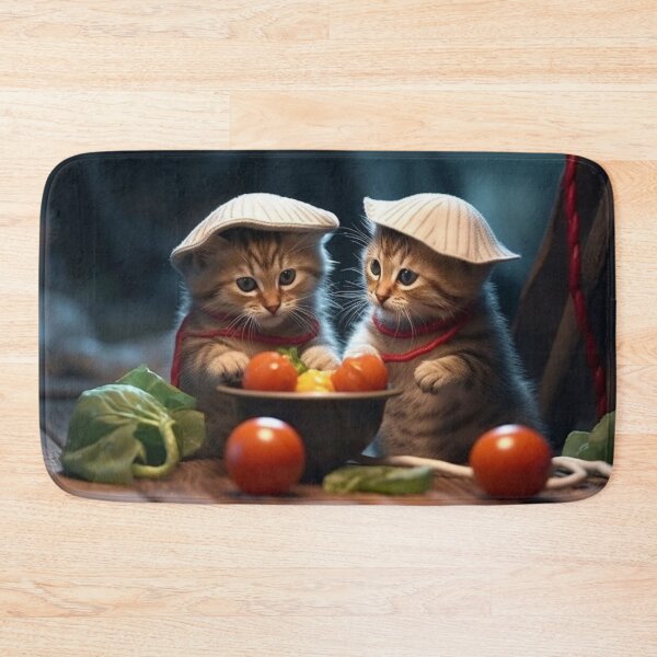 Item preview, Two kittens in a hat with tomatoes on a wooden table. Selective focus. designed and sold by aiphotosart.