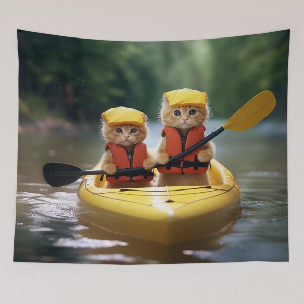 Artikelvorschau, Two cute cat in life jackets are kayaking on the river. entworfen und verkauft von aiphotosart.