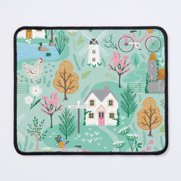 Item preview, Cottagecore village scene with duck pond, bicycles hens and cottages designed and sold by sallymountain.