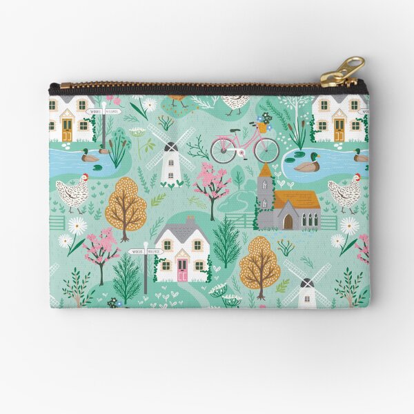 Item preview, Cottagecore village scene with duck pond, bicycles hens and cottages designed and sold by sallymountain.