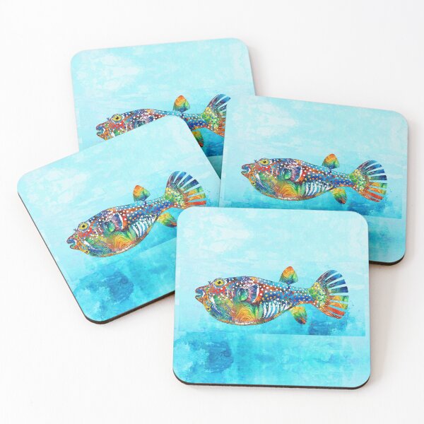 Item preview, Colorful Tropical Puffer Fish Art 2 on Beach Blue designed and sold by Sharon Cummings Art.