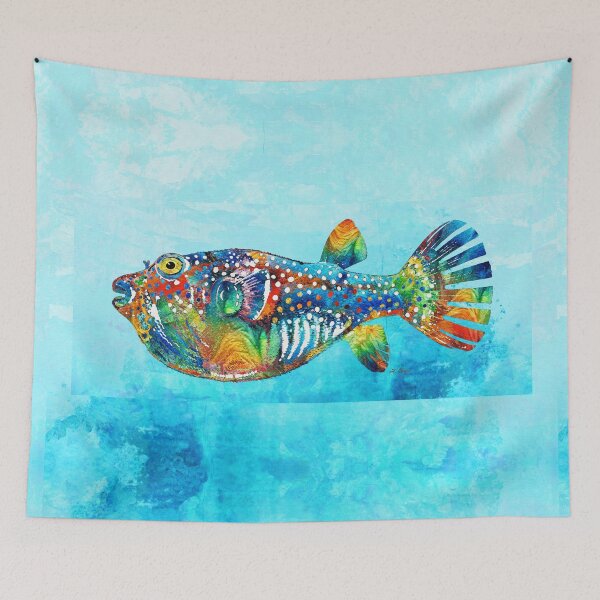 Item preview, Colorful Tropical Puffer Fish Art 2 on Beach Blue designed and sold by Sharon Cummings Art.