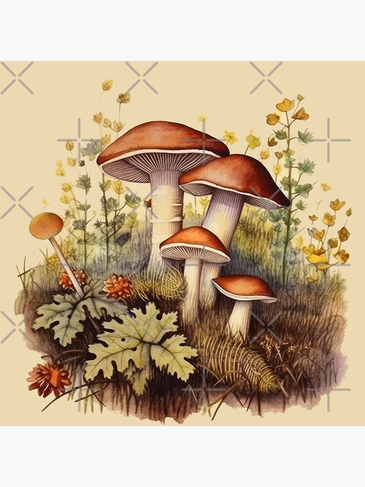 Original Mushrooms Small Gouache Painting, Nature Landscape Still