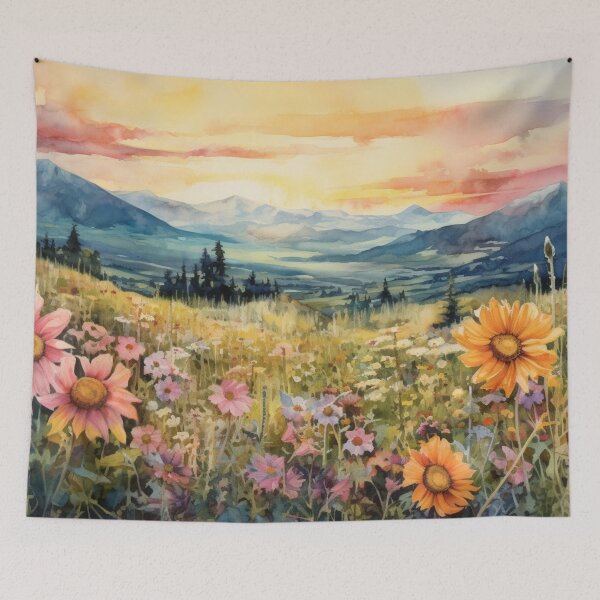 Item preview, Mountainside Valley and Wildflowers at Sunset painting designed and sold by EmmaFinchDesign.