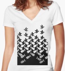 Fish and Birds Art Deco Tessellation Women's Fitted V-Neck T-Shirt