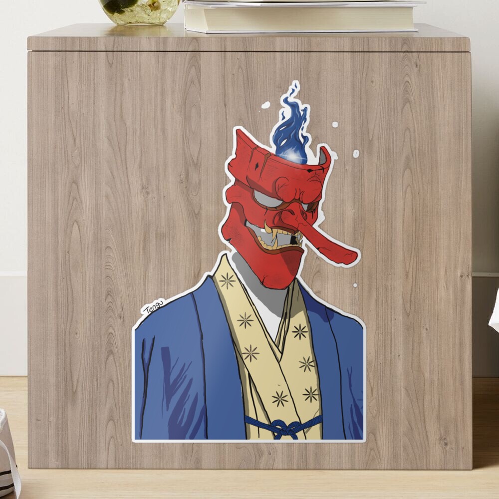 tengu, japanese, anime, kami, god, spirit, kimono, design, flame, blue,  red Sticker for Sale by Zagalar