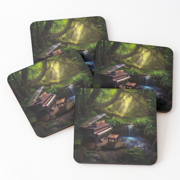 Item preview, Piano in Enchanted Forest Digital Art: UHD 300 dpi Lush Green Forest with Waterfall & Stream, Photorealistic Surrealism Music & Nature Connection designed and sold by stateofhuman.