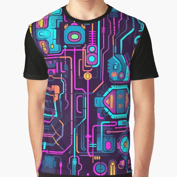 Vista previa del artículo con la obra «Diseño de placa de circuito de neón retro techno estilo cyberpunk», diseñado y vendido por SweetWhiskers.