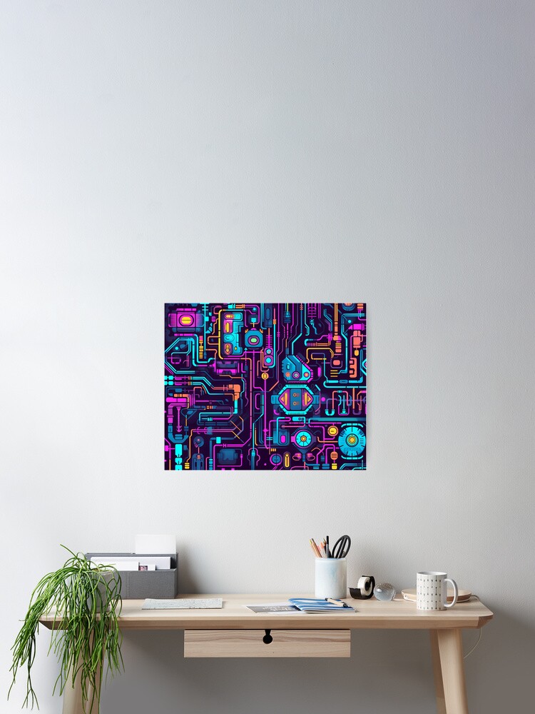 Cyberpunk style techno retro neon circuit board design