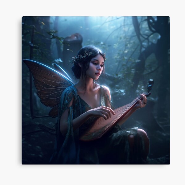 Item preview, Dark-Haired Fairy Playing Stringed Instrument, Angelcore Aesthetic, Magical Forest Fantasy Wall Decor, 5:4 UHD Print designed and sold by stateofhuman.
