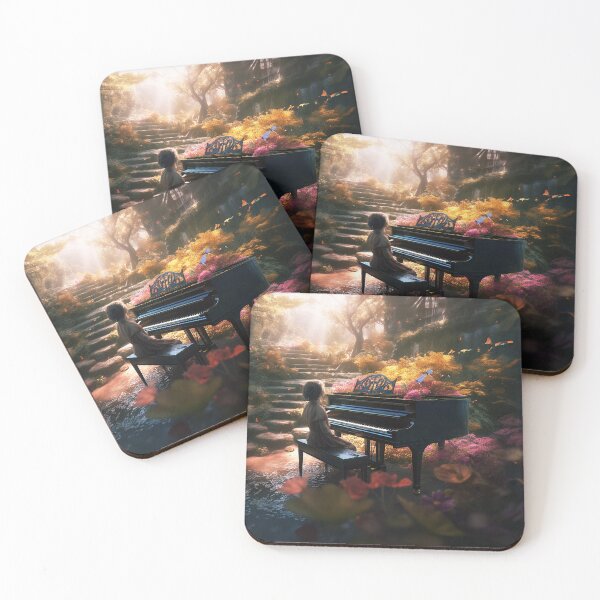 Item preview, Fairytale Piano Dreamland Digital Art: UHD 300 dpi Little Girl Playing Piano in Enchanted Garden, Magical Music & Nature Connection designed and sold by stateofhuman.