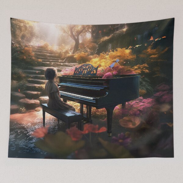 Item preview, Fairytale Piano Dreamland Digital Art: UHD 300 dpi Little Girl Playing Piano in Enchanted Garden, Magical Music & Nature Connection designed and sold by stateofhuman.