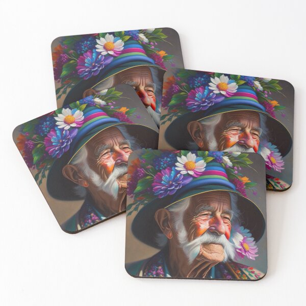 Item preview, Colourful Painting of an Old Hippy Man in a Flowered Hat with Moustache designed and sold by KALEIDOSCOPE UK.