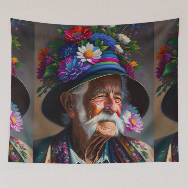 Item preview, Colourful Painting of an Old Hippy Man in a Flowered Hat with Moustache designed and sold by KALEIDOSCOPE UK.