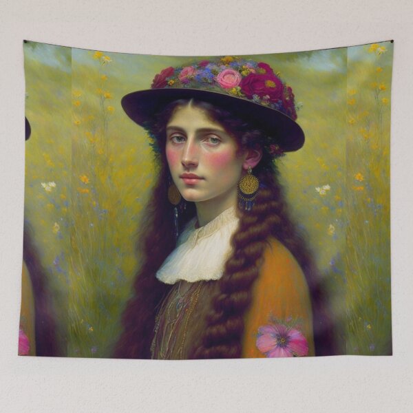 Item preview, Beautiful Painting of a Pre Raphaelite Young Girl in a Flowered Hat with Long Hair designed and sold by KALEIDOSCOPE UK.