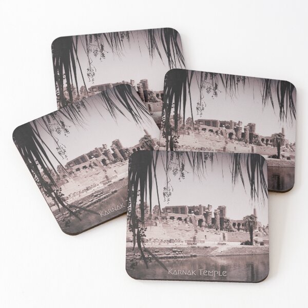 Item preview, Karnak temple, date palms, view from the sacred lake, vintage photo inspiration old postcard, cyanotype, ancient Egypt photography designed and sold by art-of-egypt.