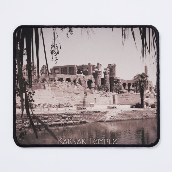 Item preview, Karnak temple, date palms, view from the sacred lake, vintage photo inspiration old postcard, cyanotype, ancient Egypt photography designed and sold by art-of-egypt.