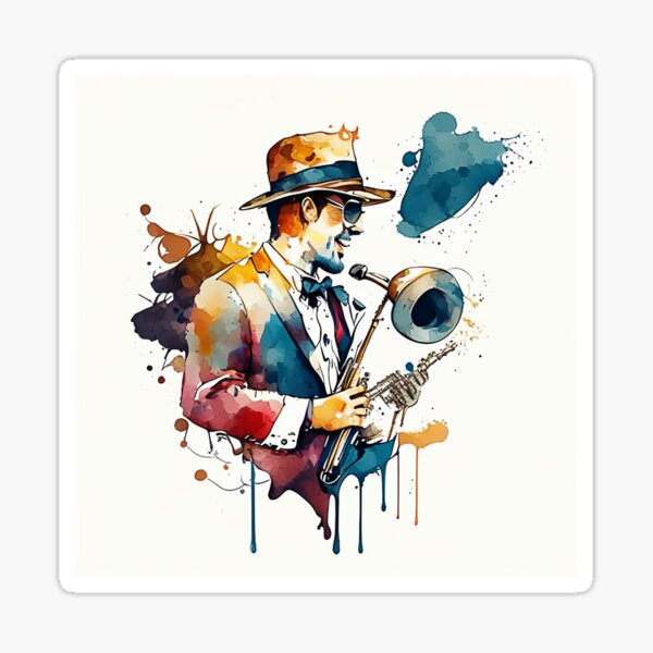 Item preview, Music festival in ink color droplets. jazz musician who holds a saxophone and is smiling joyfully at the audience. designed and sold by Gugurat.