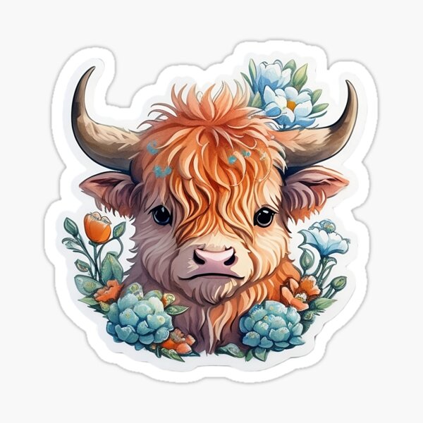 Heilan Coo, Cute Highland Cow in a Floral Meadow Sticker