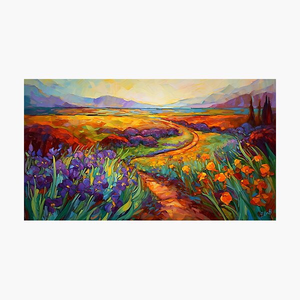 Vista previa del artículo con la obra «Iris Floral Fields - Paisaje impresionista 3», diseñado y vendido por Red Witch Art.