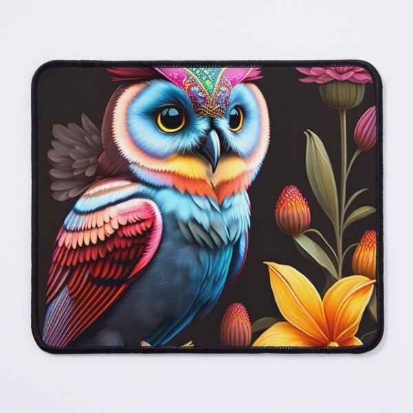 Item preview, Owl with colorful lilies on a black background designed and sold by Bernsteinhaus.