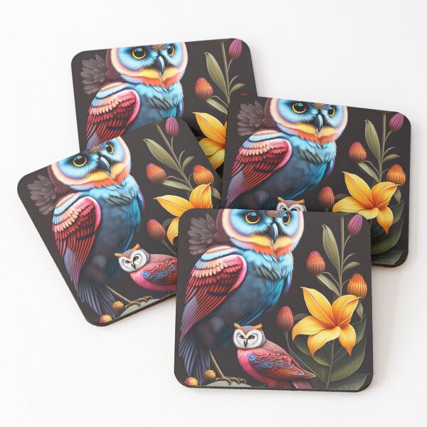 Item preview, Owl with colorful lilies on a black background designed and sold by Bernsteinhaus.